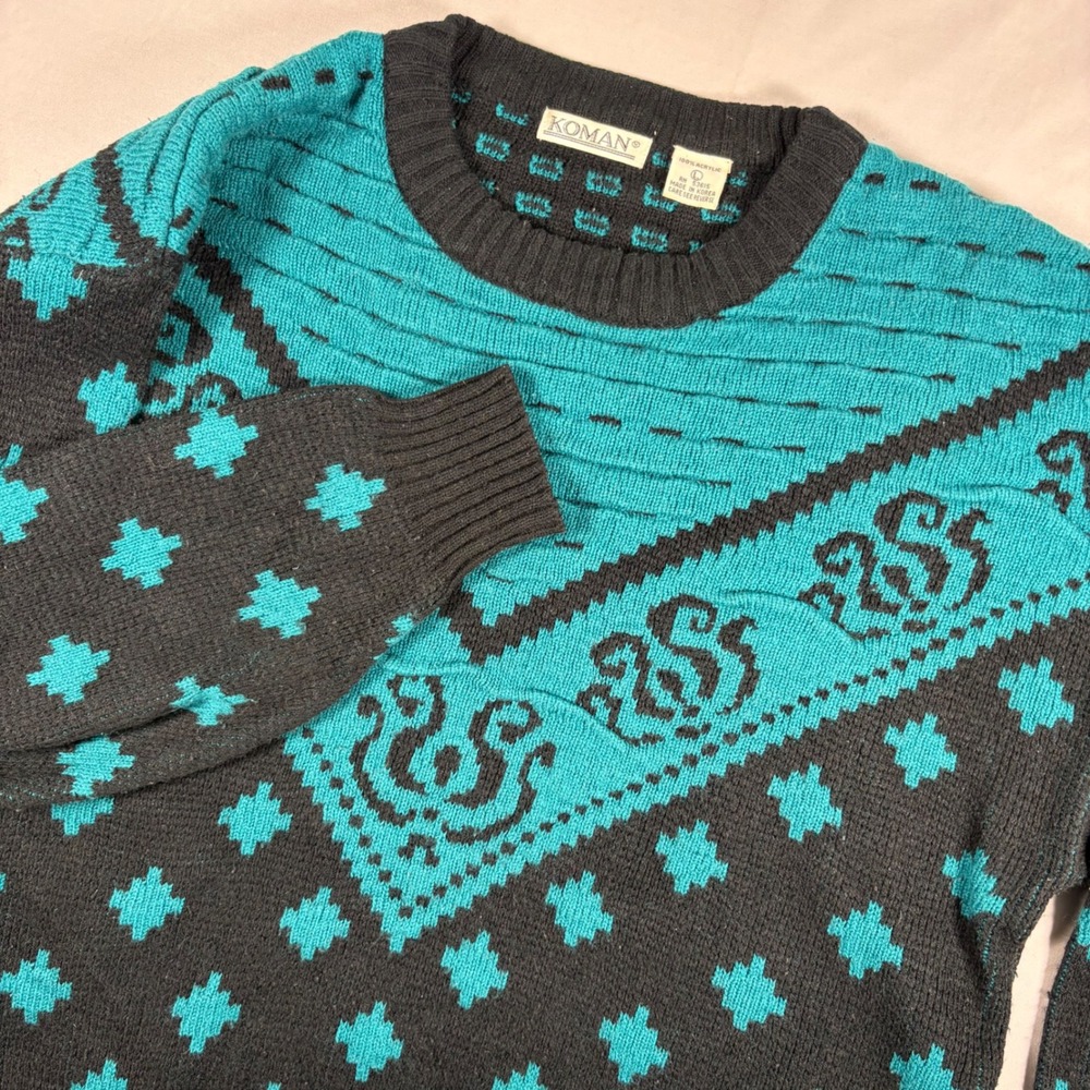 Vintage Koman Men Large Teal Black Geometric Knit Crewneck Sweater 80s 90s Retro